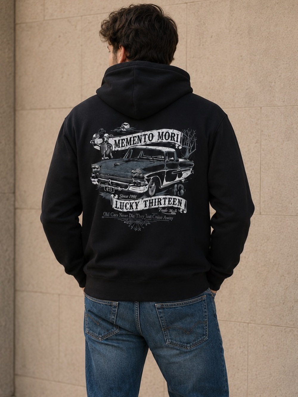 Lucky 13 Black Full Zip Hoodie Mens Medium Graphic Hot Rod Skull Back Print